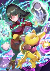 1girl abra absurdres black_pantyhose blunt_bangs boots breasts brown_eyes character_doll clefairy commentary_request cropped_jacket doll energy gen_1_pokemon glowing green_hair green_pupils highres jacket long_hair looking_at_viewer nintendo pantyhose poke_ball poke_ball_(basic) pokemon pokemon_(creature) pokemon_frlg rainys_bill red_footwear red_jacket red_skirt sabrina_(pokemon) sash signature skirt telekinesis