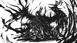 1girl absurdres acryl dress feathered_wings full_body greyscale head_wings highres long_hair long_sleeves looking_at_viewer monochrome original simple_background solo white_background wings