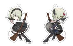 1boy 1girl alcohol ball beanie black_dress black_gloves black_jacket blonde_hair broom cake cake_slice charm_(medium) chibi collared_shirt commentary_request cup danganronpa_(series) danganronpa_v3:_killing_harmony dress drinking_glass food gloves green_eyes hair_over_one_eye hairband hat high_heels holding holding_tennis_racket holding_tray horned_hat hoshi_ryoma jacket lace-trimmed_hairband lace_trim long_sleeves maid necktie red_wine shirt short_hair simple_background single_ankle_cuff smile sparkle spider_web_print spilling striped_clothes tennis_ball tojo_kirumi tray white_background white_shirt wine wine_glass yunxd