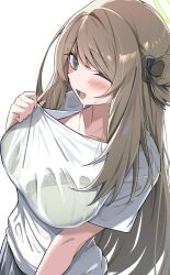 1girl absurdres blonde_hair blue_archive blush bra bra_visible_through_clothes breasts commentary_request from_above green_bra green_eyes green_halo hair_bun halo highres large_breasts long_hair looking_at_viewer mizumok1 nonomi_(blue_archive) one_eye_closed open_mouth see-through_clothes see-through_shirt shirt simple_background single_hair_bun solo underwear wet wet_clothes wet_shirt white_background white_shirt