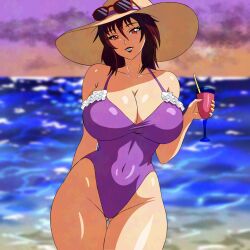 1girl action_taimanin alternate_costume bare_arms bare_legs bare_shoulders beach breasts brown_hair cleavage covered_navel curvy day drink frilled_one-piece_swimsuit frills hat highleg highleg_one-piece_swimsuit highres holding holding_drink huge_breasts lipstick looking_at_viewer makeup mizuki_shiranui ocean official_alternate_costume one-piece_swimsuit outdoors parted_lips purple_one-piece_swimsuit red_eyes smile solo sun_hat sunglasses_on_head swimsuit taimanin_(series) taimanin_yukikaze wide_hips yeezusdraw