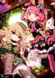 Rule 34 | 2girls, absurdres, animal ears, argyle clothes, argyle pantyhose, arm up, blowing bubbles, boots, bow, brown pantyhose, bubble, bubble wand, detached sleeves, dress, fishnet pantyhose, fishnets, gloves, green dress, green hair, hair bow, highres, holding, jihecchi, kusanagi nene, looking at viewer, low-tied sidelocks, multiple girls, ootori emu, open mouth, pantyhose, pink boots, pink bow, pink dress, pink eyes, pink gloves, pink hair, project sekai, rabbit ears, shoes, short hair, sidelocks, wonder magical showtime! (project sekai), wonderlands x showtime (project sekai)