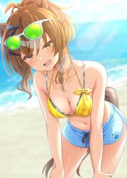1girl absurdres animal_ears bare_arms bare_shoulders bent_over bikini blush breasts brown_hair cleavage denim denim_shorts eyewear_on_head green-tinted_eyewear highres horse_ears horse_girl horse_tail jungle_pocket_(umamusume) looking_at_viewer navel ocean open_mouth ponytail ryochapu shorts solo stomach sunglasses swimsuit tail tinted_eyewear umamusume yellow_bikini yellow_eyes