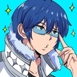 Rule 34 | 1boy, absurdres, adjusting eyewear, alternate costume, blue background, blue eyes, blue hair, commentary, cosplay, fire emblem, fire emblem: mystery of the emblem, fur trim, glasses, highres, inumuta houka, inumuta houka (cosplay), karbuitt, kill la kill, male focus, marth (fire emblem), nintendo, rimless eyewear, short hair, simple background, solo