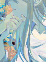 Rule 34 | 2girls, abstract background, brown hair, chinese commentary, commentary request, commission, dated, earrings, hand on another&#039;s chin, highres, holding another&#039;s wrist, jewelry, lanserongjie, long hair, miyagi shiori, multiple girls, parted lips, second-party source, sendai hazuki, shirt, shuuniichido classmate wo kau hanashi, stud earrings, white shirt, yuri