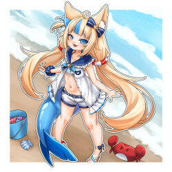 Rule 34 | 1girl, ahoge, animal ear fluff, animal ears, beach, belt, bikini, bikini under clothes, blonde hair, blue eyes, bucket, cat ears, crab, dress, feet, fins, fish girl, fish tail, highres, indie virtual youtuber, long hair, navel, ocean, open clothes, open dress, open mouth, outdoors, sameko saba, sandals, seashell, shell, short shorts, shorts, sleeveless, sleeveless dress, smile, standing, stomach, striped bikini, striped clothes, sundress, superfann, swimsuit, tail, thighs, toes, twintails, very long hair, virtual youtuber, white dress, white shorts