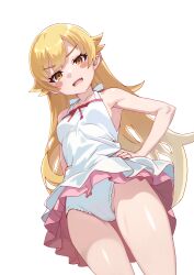 1girl absurdres apple_tea_(mellonnicola) armpits bare_shoulders blonde_hair blush blush_stickers breasts cowboy_shot dress fangs hand_on_own_hip highres long_hair looking_at_viewer monogatari_(series) open_mouth oshino_shinobu panties pink_skirt pointy_ears simple_background skirt small_breasts solo underwear vampire white_background white_dress white_panties yellow_eyes