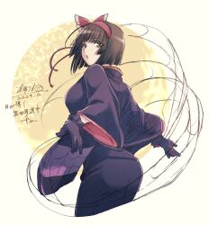 arthropod_girl ass black_gloves black_hair black_kimono gloves insect_girl japanese_clothes kimono kotoraya mio_(tsuki_ga_michibiku_isekai_douchuu) short_hair silk spider_girl spider_web tsuki_ga_michibiku_isekai_douchuu yellow_eyes