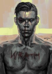 1boy banonefans bare_shoulders bleeding blood blood_on_face bruise bruised_eye character_request collarbone cross cuts dated english_text far_cry far_cry_5 highres injury looking_at_viewer male_focus nosebleed ptsd solo torso