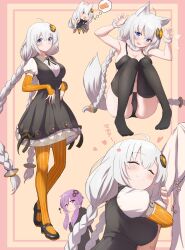 Rule 34 | 1boy, 2girls, :3, ^ ^, ahoge, animal ears, arm hug, black bra, black dress, black panties, black thighhighs, blue eyes, blush, bra, braid, breasts, claw pose, cleavage, closed eyes, commentary, dress, elbow gloves, fingerless gloves, fox ears, fox girl, fox tail, gloves, hair ornament, happy, heart, highres, kizuna akari, large breasts, long hair, master (vocaloid), multiple girls, orange pantyhose, panties, pantyhose, pinafore dress, puffy short sleeves, puffy sleeves, purple eyes, purple hair, ruttse, short sleeves, sidelocks, sleeveless, sleeveless dress, smile, striped clothes, striped pantyhose, tail, thighhighs, translated, twin braids, underwear, vertical-striped clothes, vertical-striped pantyhose, very long hair, vocaloid, voiceroid, white hair, yuzuki yukari
