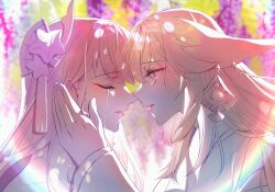 2girls animal_ear_piercing animal_ears blunt_bangs blurry blurry_background closed_eyes couple crying crying_with_eyes_open dappled_sunlight fan_hair_ornament flower flower_ornament fox_ears fox_girl from_side genshin_impact hair_between_eyes hair_flower hair_ornament hand_on_another&#039;s_head heads_together highres incoming_kiss japanese_clothes leaning_forward light_rays long_hair long_sleeves multiple_girls noses_touching open_mouth outdoors partially_colored raiden_shogun rainbow sad shade standing streaming_tears sugarcanedove sunbeam sunlight tearing_up tears upper_body wavy_hair wide_sleeves wisteria yae_miko yuri