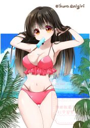 Rule 34 | 1girl, bikini, black hair, blue sky, cloud, cowboy shot, day, frilled bikini, frilled bikini top, frills, gluteal fold, hashtag-only commentary, highres, ikura onigiri, long hair, mouth hold, multi-strapped bikini bottom, orange eyes, original, outdoors, popped collar, red bikini, sky, solo, swimsuit, thigh gap, twitter username, watermark