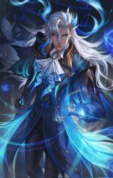Rule 34 | 1boy, ascot, black gloves, black pants, blue brooch, blue coat, blue eyeliner, blue gemstone, blue streaks, closed mouth, coat, commentary, crovius, crying, english commentary, eyeliner, gem, genshin impact, gloves, grey eyes, hair between eyes, highres, long hair, long sleeves, looking at viewer, makeup, male focus, multicolored hair, neuvillette (genshin impact), pants, single tear, solo, streaked hair, streaming tears, tears, water drop, white ascot, white hair