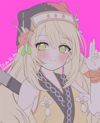 1girl asage_(asgsn) bare_shoulders blonde_hair blush celine_(fire_emblem) celine_(ninja)_(fire_emblem) commentary detached_sleeves fire_emblem fire_emblem_engage fire_emblem_heroes green_eyes japanese_clothes kuji-in long_hair looking_at_viewer ninja nintendo official_alternate_costume pink_background smile solo symbol-only_commentary upper_body