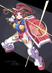 1girl breasts brown_eyes brown_hair covered_erect_nipples dated floating_hair gundam highres holding holding_shield long_hair mecha_musume medium_breasts michi_kuso mobile_suit_gundam open_hand personification ponytail ready_player_one rx-78-2_gundam shield solo thighhighs