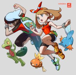 1boy 1girl :o backpack bag bare_shoulders bike_shorts black_shorts black_undershirt bow bow_hairband bracelet brendan_(pokemon) brown_hair commentary english_commentary eyelashes fanny_pack full_body gen_3_pokemon grey_background grey_eyes hair_bow hairband hat highres jewelry may_(pokemon) mega_stone mudkip nintendo open_mouth overlord_jc poke_ball poke_ball_(basic) pokemon pokemon_(creature) pokemon_oras red_bow red_hairband red_shirt shirt shoes short_hair short_sleeves shorts sleeveless sleeveless_shirt teeth torchic treecko upper_teeth_only white_hat