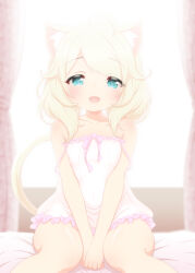 1girl :d ahoge animal_ear_fluff animal_ears aqua_eyes bare_shoulders between_legs blonde_hair bow cat_ears cat_girl cat_tail collarbone commentary_request covered_navel double_strap_slip dress dress_bow flat_chest frilled_dress frills hair_flaps hand_between_legs heart heart_in_eye highres hosizora_mikoto idolmaster idolmaster_cinderella_girls kemonomimi_mode looking_at_viewer medium_hair open_mouth pink_bow sitting sleeveless sleeveless_dress smile solo swept_bangs symbol_in_eye tail white_dress yusa_kozue