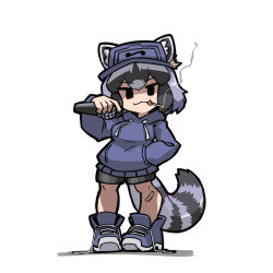 1girl :3 absurdres alternate_costume animal_ears arm_up bandaid bandaid_on_leg bare_legs baseball_cap black_eyes black_hair chibi cigarette common_raccoon_(kemono_friends) drawstring ears_through_headwear friday_night_funkin&#039; full_body grey_hair hat highres holding holding_microphone hood hood_down hoodie kemono_friends long_sleeves looking_at_viewer medium_hair microphone mouth_hold okome_kogashi parody pocket purple_hair raccoon_ears raccoon_girl raccoon_tail shoelaces shoes shorts simple_background smile smoke solo style_parody tail white_background