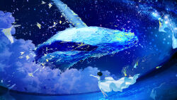 Rule 34 | 1girl, absurdres, arms up, black hair, cloud, dress, fish, fisheye, floating, floating clothes, highres, long dress, makoron117117, original, scenery, short hair, sky, sleeveless, sleeveless dress, solo, standing, star (sky), starry sky, surreal, wading, water, whale, white dress, wide shot