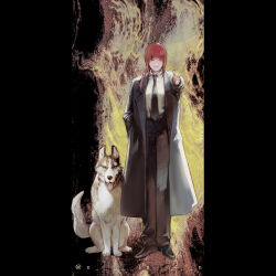 1girl 1other black_coat black_footwear black_necktie black_pants braid braided_ponytail chainsaw_man coat collared_shirt formal_clothes hand_in_pocket highres husky looking_at_viewer makima_(chainsaw_man) medium_hair necktie pants parted_lips pointing pointing_at_viewer red_hair shirt shirt_tucked_in shirushi_(in) sidelocks smile solo_focus standing suit tongue tongue_out twitter_username white_shirt yellow_eyes