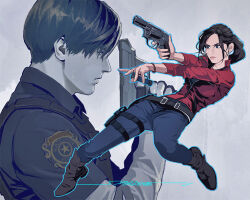 1boy 1girl black_hair blue_pants boots capcom claire_redfield collared_shirt commentary english_commentary full_body gun h&amp;k_vp70 handgun holding holding_gun holding_weapon leon_s._kennedy pants pistol ponytail pouch profile red_shirt resident_evil resident_evil_2 resident_evil_2_(remake) revolver sardine_(kjr0313) shirt sidelocks snub-nosed thigh_pouch weapon
