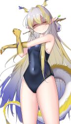 1girl ^_^ absurdres alternate_costume angry arknights black_one-piece_swimsuit blonde_hair breasts closed_eyes colored_extremities commentary_request covered_navel cowboy_shot cross-body_stretch dragon_girl dragon_horns dragon_tail facing_viewer false_smile forced_smile grey_hair hair_between_eyes hair_intakes highres horns long_hair multicolored_hair one-piece_swimsuit outstretched_arm pointy_ears purple_hair shaded_face shu_(arknights) small_breasts smile solo standing stretching swimsuit tail tarako_(mentaitarasupa) transparent_background very_long_hair