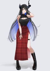 absurdres asymmetrical_horns bare_shoulders black_boots black_hair black_nails black_shirt blue_hair boots bracelet breasts cleavage cleavage_cutout clothing_cutout colored_inner_hair crystal_horns demon_horns eneeues flower grey_background highres hololive hololive_english horn_flower horns jewelry large_breasts mole mole_under_eye multicolored_hair nerissa_ravencroft plaid_clothes plaid_skirt red_eyes shadow shirt side_slit skirt thigh_strap two-tone_hair uneven_horns virtual_youtuber