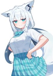 1girl :3 absurdres ahoge animal_ear_fluff animal_ear_piercing animal_ears aqua_eyes blue_bow blue_bowtie blue_skirt bow bowtie braid closed_mouth collared_shirt commentary_request deaver double-parted_bangs extra_ears fox_ears fox_girl fox_tail hair_between_eyes hands_on_own_hips highres hololive long_hair looking_at_viewer plaid_clothes plaid_skirt pleated_skirt school_uniform shirakami_fubuki shirt shirt_tucked_in short_sleeves side_braid sidelocks simple_background single_braid skirt solo tail virtual_youtuber white_hair white_shirt