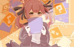Rule 34 | 1girl, backpack, bag, black jacket, blush, book, bookshelf, brown hair, commentary request, covering own mouth, cowboy shot, double-parted bangs, flustered, hair ribbon, heart, highres, holding, holding notebook, jacket, karamawari library, limited palette, mole, mole under eye, musical note, natsuki karin, notebook, open book, purple eyes, purple sky, ribbon, school uniform, sky, solo, sparkle, speaker, spoken heart, spoken musical note, spoken sparkle, synthesizer v, twintails, umi 1125peinter, window