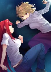 Rule 34 | 2girls, angry, aozaki aoko, apo (apos2721), arcueid brunestud, belt, blue eyes, breasts, brown belt, denim, fighting, fighting stance, floating clothes, floating hair, from side, highres, jeans, large breasts, long hair, looking at another, melty blood, multiple girls, night, night sky, pants, purple skirt, red eyes, red hair, shirt, sideboob, skirt, sky, smile, sweater, tsukihime, turtleneck, turtleneck sweater, very long hair, white sweater