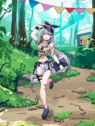 1girl adjusting_clothes adjusting_headwear alternate_costume ankle_socks artist_request asymmetrical_bangs belt_pouch black_shorts blue_eyes breasts brown_shirt commentary company_name copyright_notice cottage_(building) full_body grey_hair high_ponytail highres holding holding_tablet_pc hololive hololive_indonesia leg_up light_blush long_hair looking_at_viewer medium_breasts midriff miniskirt nature official_art outdoors pleated_skirt ponytail pouch print_shirt shirt shoes short_sleeves shorts shorts_under_skirt single_off_shoulder skirt smile sneakers socks solo standing standing_on_one_leg tablet_pc thigh_pouch tied_shirt vestia_zeta virtual_youtuber visor_cap white_skirt wristband