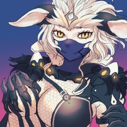 1girl animal_ears blue_background breasts character_request chomo_(engawaparty) claws commentary_request copyright_request eyelashes furry furry_female gradient_background large_breasts looking_at_viewer mask mouth_mask multicolored_hair pink_background solo two-tone_hair upper_body white_hair yellow_eyes