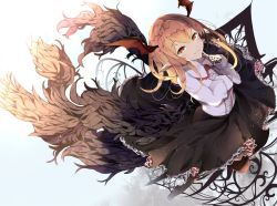 1girl bat_wings black_skirt black_wings blonde_hair brown_pantyhose closed_mouth collared_shirt commentary_request fang fang_out feathered_wings female_focus frilled_shirt_collar frills granblue_fantasy hair_between_eyes hand_up head_wings kyuu_(plastic_night_q) long_hair long_sleeves no_shoes pantyhose pointy_ears red_wings shirt skirt sleeves_past_wrists smile solo vampy white_shirt wings