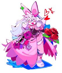 1boy animal_ears bracelet collar cosplay deltarune dress elphelt_valentine elphelt_valentine_(cosplay) flower full_body furry goat_boy goat_ears guilty_gear heart highres jewelry long_hair looking_at_viewer open_mouth own_hands_together pink_collar pink_dress ralsei red_flower red_rose rose round_eyewear simple_background smile solo spiked_bracelet spiked_collar spikes tierrlist white_background white_hair wrist_cuffs