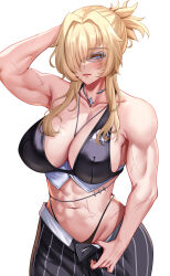 1girl abs absurdres arm_up bare_shoulders bikini black_bikini black_pants blonde_hair blue_eyes breasts cleavage closed_mouth collar collarbone commentary cowboy_shot english_commentary glasses goddess_of_victory:_nikke grave_(beautiful_you)_(nikke) grave_(nikke) groin hair_between_eyes hair_intakes hair_over_one_eye highleg highleg_bikini highres karma3009 large_breasts light_blush long_hair looking_at_viewer metal_collar multiple_scars muscular muscular_female navel necklace_between_breasts no_jacket official_alternate_costume open_fly pants pinstripe_pants pinstripe_pattern ponytail scar scar_on_arm scar_on_stomach short_ponytail sidelocks simple_background solo standing stomach swimsuit white_background