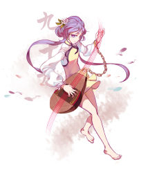 1girl barefoot biwa_lute female_focus full_body hair_ornament highres instrument long_hair long_sleeves looking_at_viewer luckyia lute_(instrument) music musical_note playing_instrument purple_eyes purple_hair simple_background smile solo touhou tsukumo_benben twintails