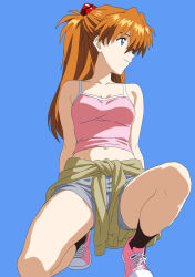 1girl : bare_legs bare_shoulders blue_background blue_eyes breasts brown_hair casual closed_mouth curvy from_above hairpods highres interface_headset_(evangelion) jaaaan kneeling long_hair navel neon_genesis_evangelion no_bra shoes short_shorts shorts simple_background small_breasts smile sneakers solo souryuu_asuka_langley wide_hips