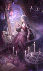 1girl absurdly_long_hair artist_request black_dress blue_eyes book breasts candle candlestand chandelier circle cleavage closed_mouth curtains different_reflection dress eyelashes fire full-length_mirror full_body gleam gold_necklace gown hand_mirror hand_on_mirror handkerchief highres indoors jewelry juliet_sleeves lantern light_particles lilith_(shining_nikki) lipstick long_dress long_hair long_sleeves looking_at_reflection makeup mirror nail_polish necklace nikki_(series) official_art open_book puffy_sleeves purple_hair red_lips red_nails reflection ring shining_nikki sitting smile snake solo table third-party_source vase very_long_hair