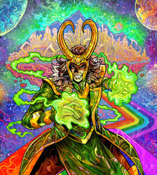 Rule 34 | 1boy, abstract background, black hair, bracelet, bridge, brown necktie, cape, cloak, colorful, colorful background, dynamic pose, evil grin, evil smile, fake horns, fur-trimmed jacket, fur trim, glint, glowing, glowing hand, glowing hands, gold bracelet, gold helmet, gold horns, green cape, green cloak, green eyes, grin, helmet, horned headwear, horned helmet, horns, jacket, jewelry, loki (marvel), magic, male focus, marvel, marvel snap, necktie, official art, planet, rainbow, rainbow gradient, science fiction, shiny skin, shirt, short hair, sky, skyline, smile, solo, solo focus, space, sparkle, standing, star (sky), starry sky, starry sky background, superhero costume, teeth, thor (marvel) (series), vinartwork, western comics (style)