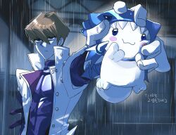 1boy artist_name black_shirt blue-eyes_white_dragon blue-eyes_white_dragon_(cosplay) blue_eyes blue_wings blush_stickers brown_hair cinnamoroll closed_mouth collared_jacket commentary cosplay crossover derivative_work dragon english_commentary fake_wings fuwa_fuwa_cinnamoroll holding jacket kaiba_seto male_focus mrhj1101 outdoors rain sanrio shadow shirt short_hair signature standing water_drop white_jacket wings yu-gi-oh! yu-gi-oh!_duel_monsters