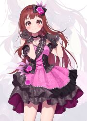 1girl black_gloves blush breasts brown_hair chobi_(penguin_paradise) cleavage closed_mouth commentary_request dress flower gloves hands_up highres holding holding_microphone idolmaster idolmaster_million_live! idolmaster_million_live!_theater_days long_hair looking_at_viewer medium_breasts microphone pink_dress pink_flower pink_rose red_eyes rose simple_background smile solo standing tanaka_kotoha very_long_hair white_background zoom_layer