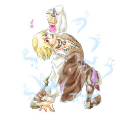 1boy alphoccio_basil baggy_pants bent_back blonde_hair boots brown_boots brown_coat brown_pants clown_(ragnarok_online) coat collared_shirt commentary_request full_body hair_between_eyes holding holding_microphone long_sleeves looking_at_viewer male_focus microphone music musical_note open_mouth pants peace_symbol poring purple_pants ragnarok_online red_eyes shirt short_hair simple_background singing sleeveless sleeveless_coat smile solo standing two-tone_pants white_background white_shirt yukimushi