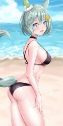 1girl absurdres alternate_costume animal_ears ass beach bikini black_bikini black_choker blue_eyes blue_sky breasts choker commentary day ear_covers flower_hairclip from_side grey_hair hand_on_own_thigh highres horse_ears horse_girl horse_tail looking_at_viewer medium_breasts ocean open_mouth outdoors sand seiun_sky_(umamusume) short_hair single_ear_cover sky smile solo swimsuit tail tsuyusora umamusume water