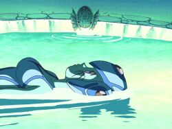 1girl breasts digimon digimon_(creature) digimon_frontier fins frog_girl helmet monster_girl ranamon screencap solo