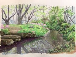 Rule 34 | bush, day, doremifa84, flower, forest, grass, highres, landscape, letterboxed, nature, no humans, original, outdoors, painting (medium), pink flower, plant, purple flower, reflection, reflective water, river, rock, rope fence, scenery, traditional media, tree, water