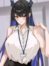 Rule 34 | 1girl, absurdres, black hair, black horns, blue hair, breasts, collared shirt, colored inner hair, highres, hololive, hololive english, horns, huge breasts, id card, kei nakazai, lanyard, long hair, looking at viewer, multicolored hair, nerissa ravencroft, office lady, red eyes, shirt, sleeveless, sleeveless shirt, solo, very long hair, virtual youtuber, white shirt