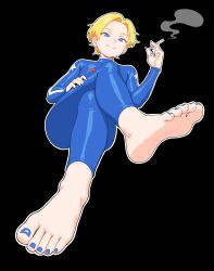 1girl absurdres barefoot bingbingzi black_background blonde_hair blue_eyes cigarette crossed_legs feet highres looking_at_viewer parted_lips short_hair smoking soles toes