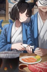1boy 1girl absurdres animal_ears black_eyes black_hair black_nails blue_archive blue_halo blush cat_ears cat_girl cat_tail commentary cup doodle_sensei_(blue_archive) food halo highres holding holding_cup indoors japanese_clothes kikyou_(blue_archive) long_sleeves multiple_tails nail_polish oiru_(613) sensei_(blue_archive) short_hair sweatdrop tail two_tails