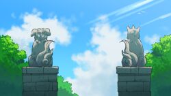 blue_sky bug cloud day dog dragonfly from_behind highres insect kojiro337 komainu no_humans original outdoors simple_bird sitting sky summer tree