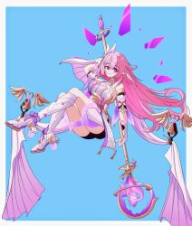 1girl ass bell black_shorts blue_background boots border breasts commentary corset crystal_shards desnvz diamond-shaped_pupils diamond_(shape) elf elysia_(herrscher_of_human:_ego)_(honkai_impact) elysia_(honkai_impact) gloves high_heel_boots high_heels highres holding holding_staff honkai_(series) honkai_impact_3rd knee_boots large_breasts long_hair pink_hair pointy_ears purple_eyes shorts solo staff symbol-shaped_pupils thighs veil very_long_hair white_boots white_border white_corset white_gloves white_veil